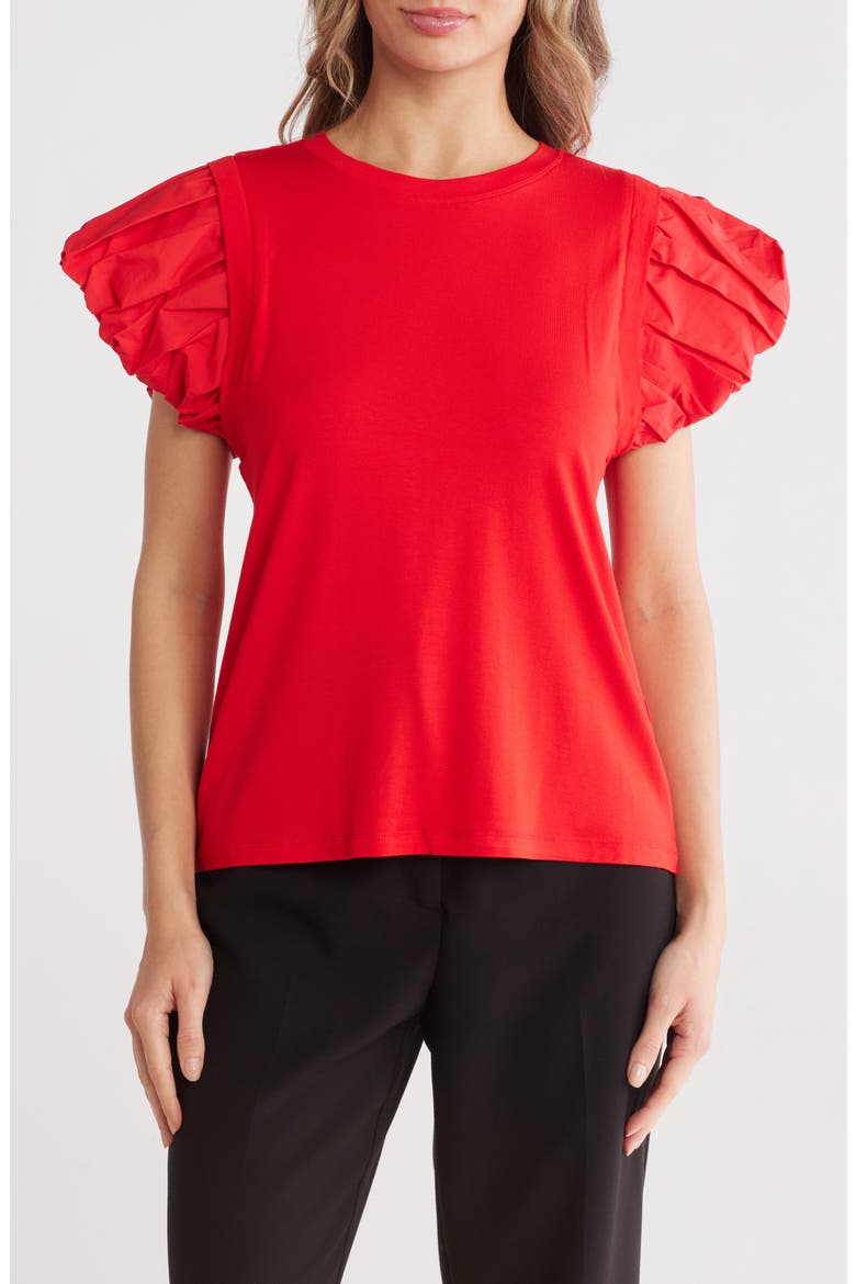 Ruched Puff Sleeve Mixed Media T-Shirt, Main, color, RED