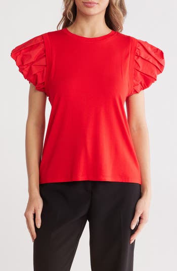 Ruched Puff Sleeve Mixed Media T-Shirt