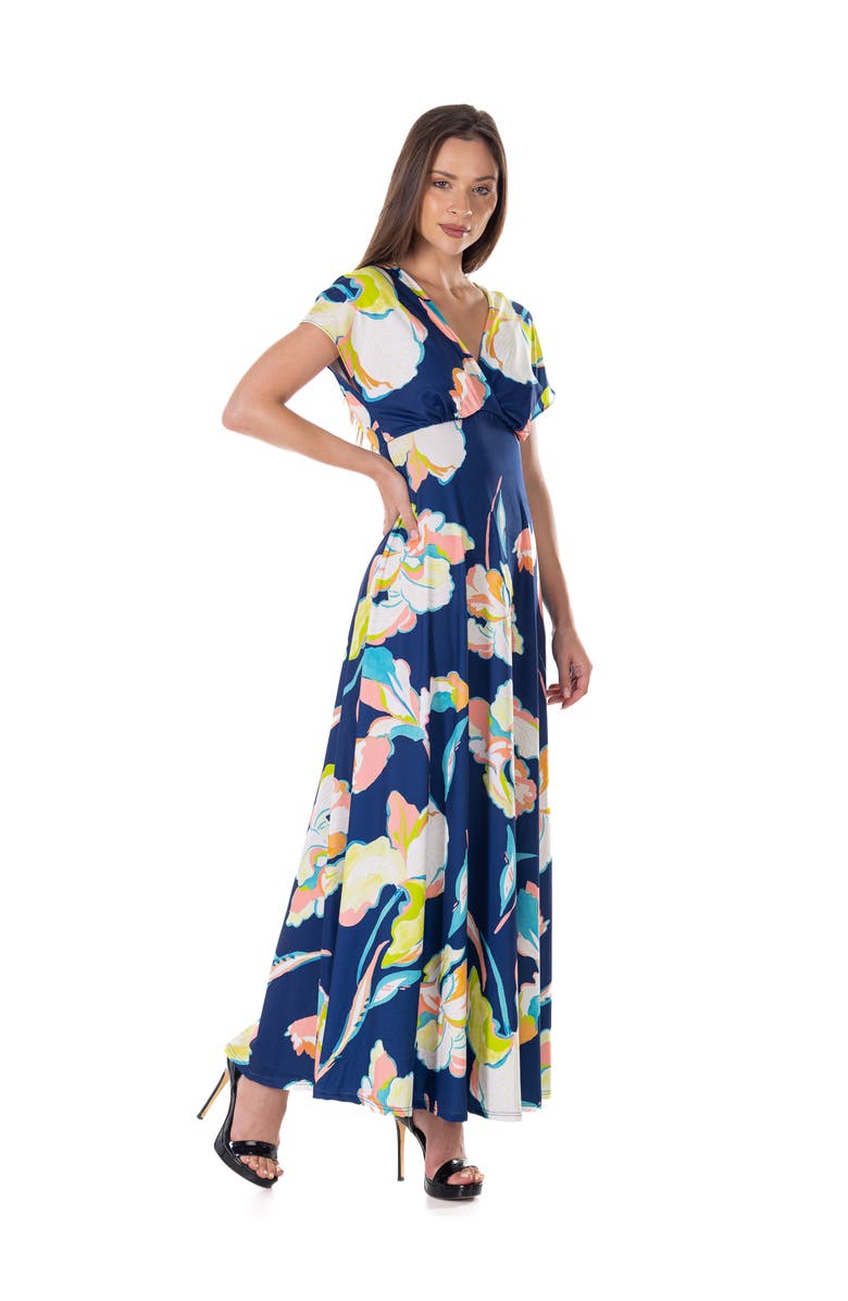24seven Comfort Apparel Floral Print V-Neck Empire Waist Cap Sleeve Maxi Dress, Alternate, color, Navy Multi