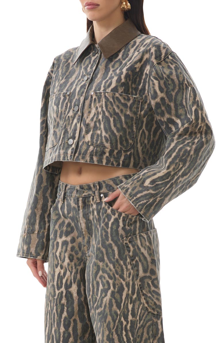 AFRM Wrenley Leopard Crop Denim Jacket, Alternate, color, Camo Leopard