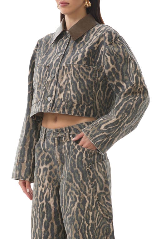 Afrm Wrenley Leopard Crop Denim Jacket In Gray