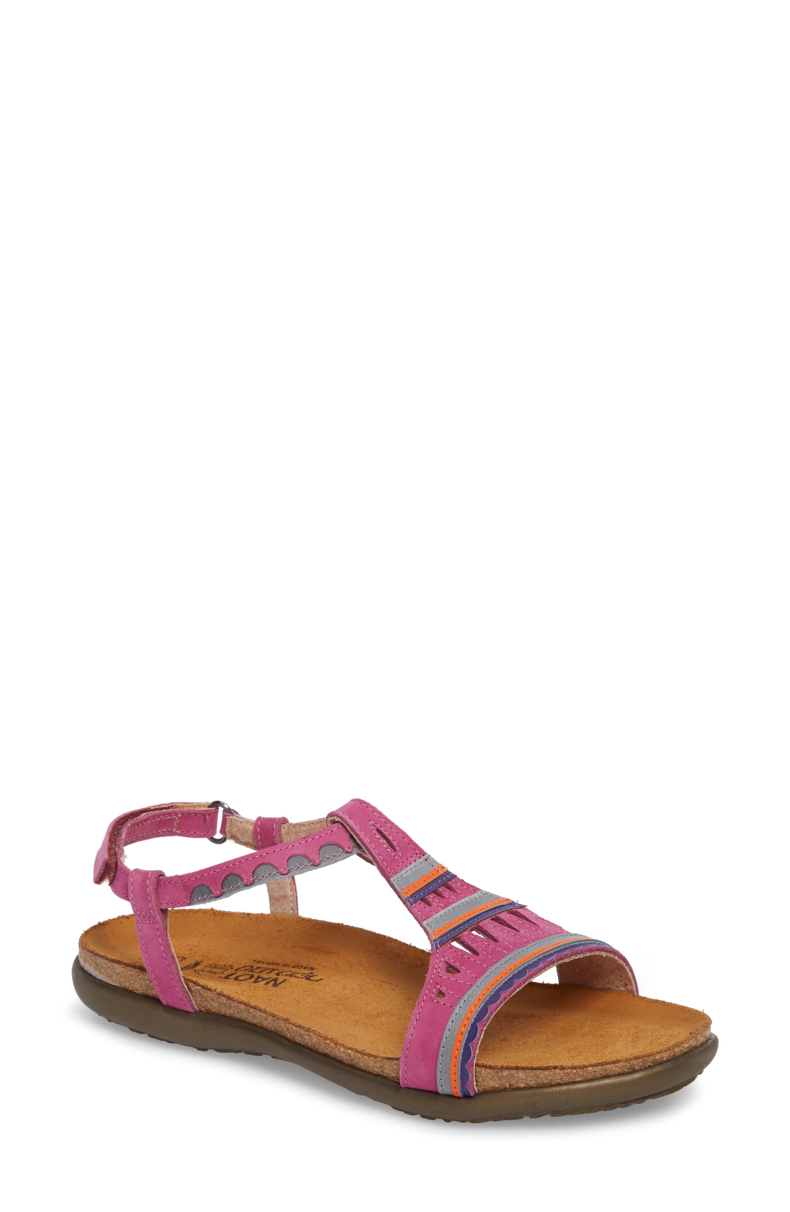 Odelia Perforated T-Strap Sandal, Main, color, PINK PLUM NUBUCK