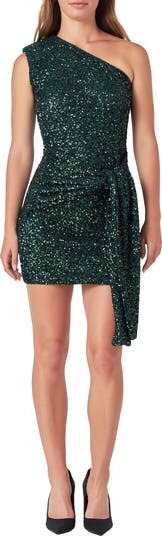 Sequin Draped Padded One-Shoulder Minidress