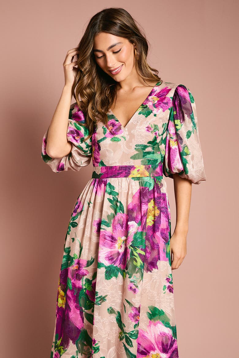 Bow Detail Jacquard Midi Dress, Alternate, color, Purple