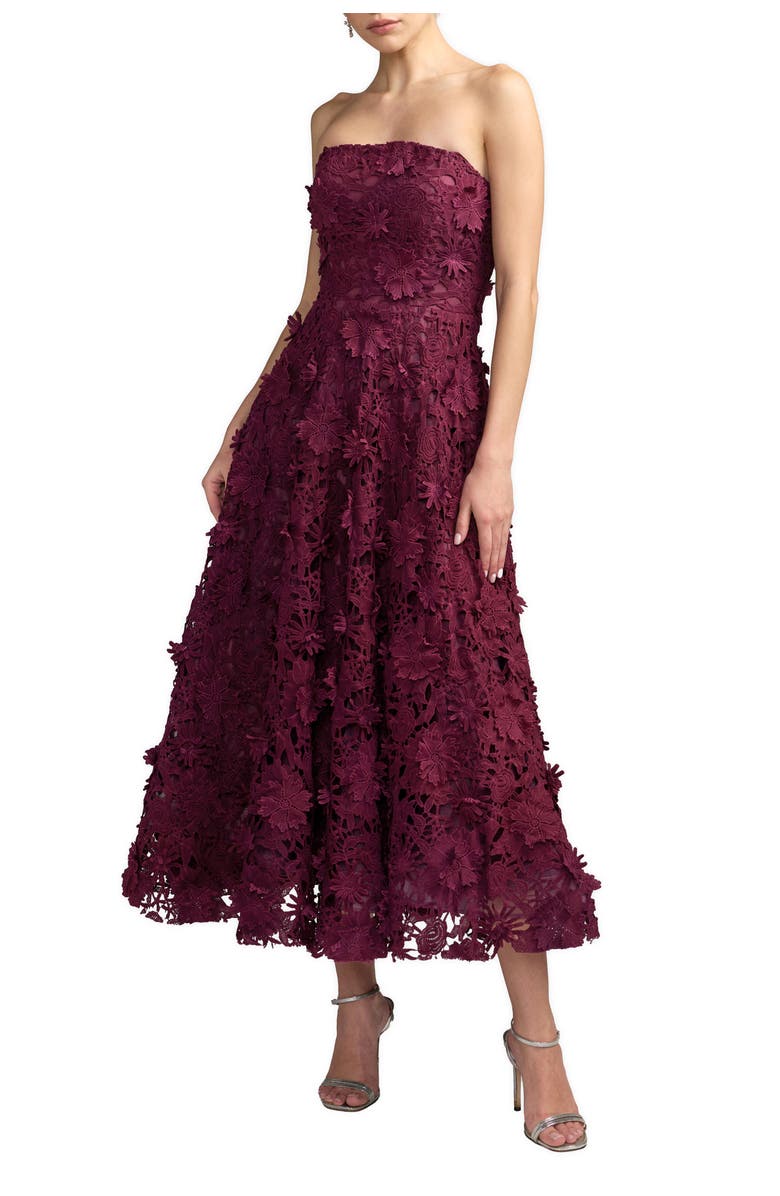Mac Duggal Floral Lace Strapless A Line Midi Dress, Main, color, Plum