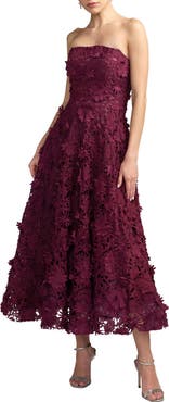 Mac Duggal Floral Lace Strapless A Line Midi Dress