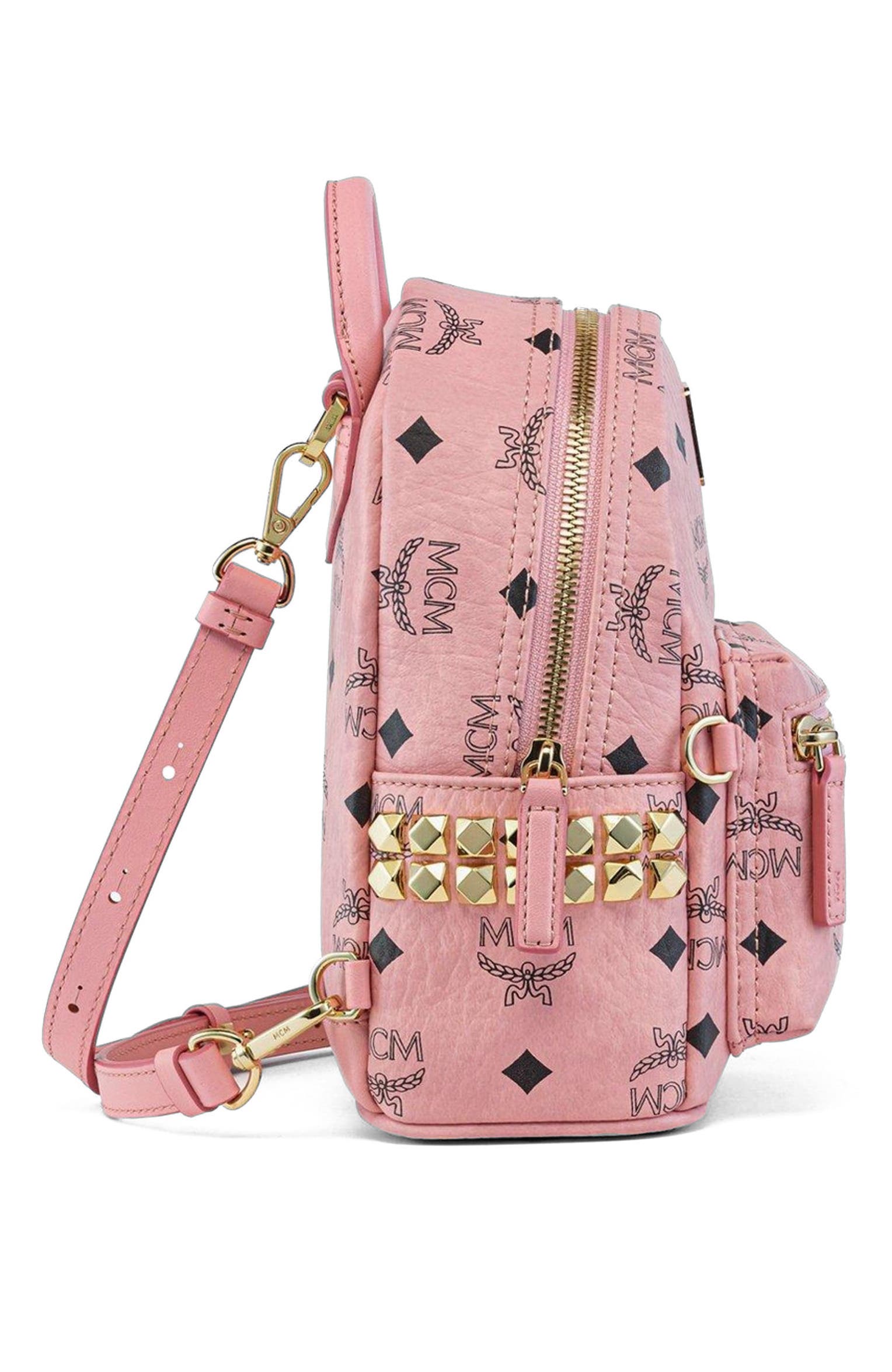 MCM Stark Bebe Boo Side Studs Backpack in Visetos, Alternate, color, Pink
