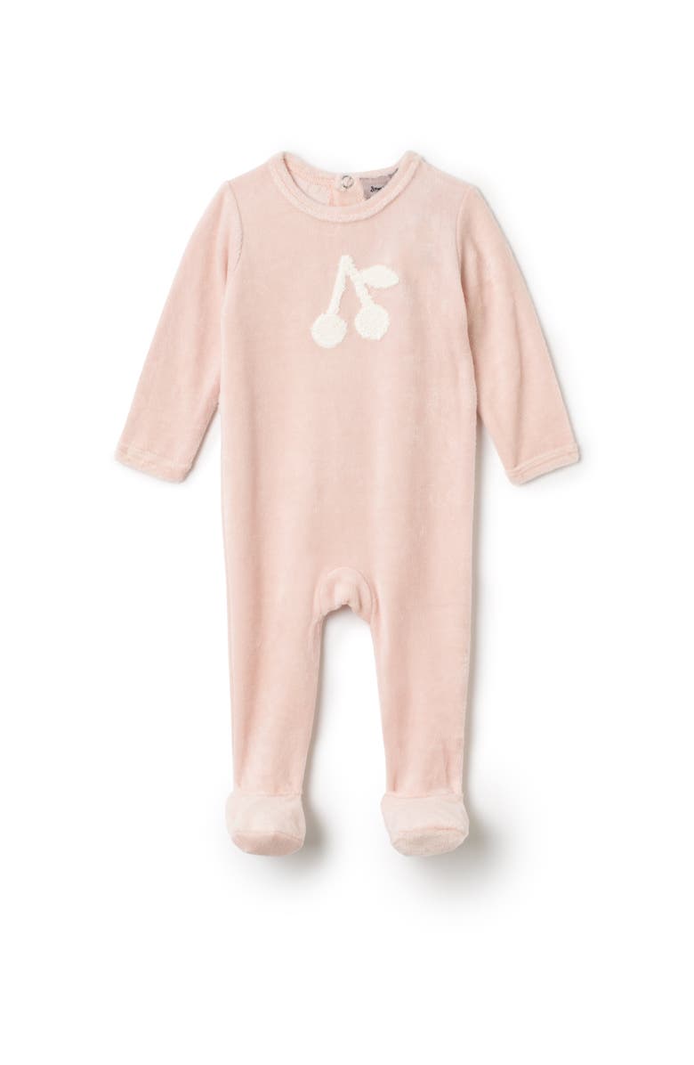 Small Moments Girl Cherry Hook Stitch Velour Snap Romper, Main, color, Baby Pink