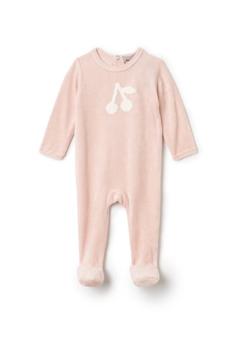 Girl Cherry Hook Stitch Velour Snap Romper (Baby)