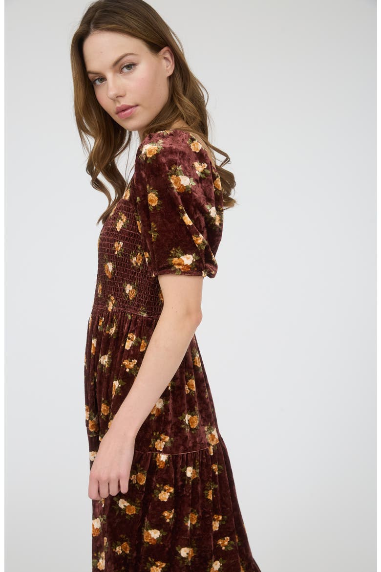 Puff Sleeve Midi Dress, Alternate, color, BURGUNDY MULTI
