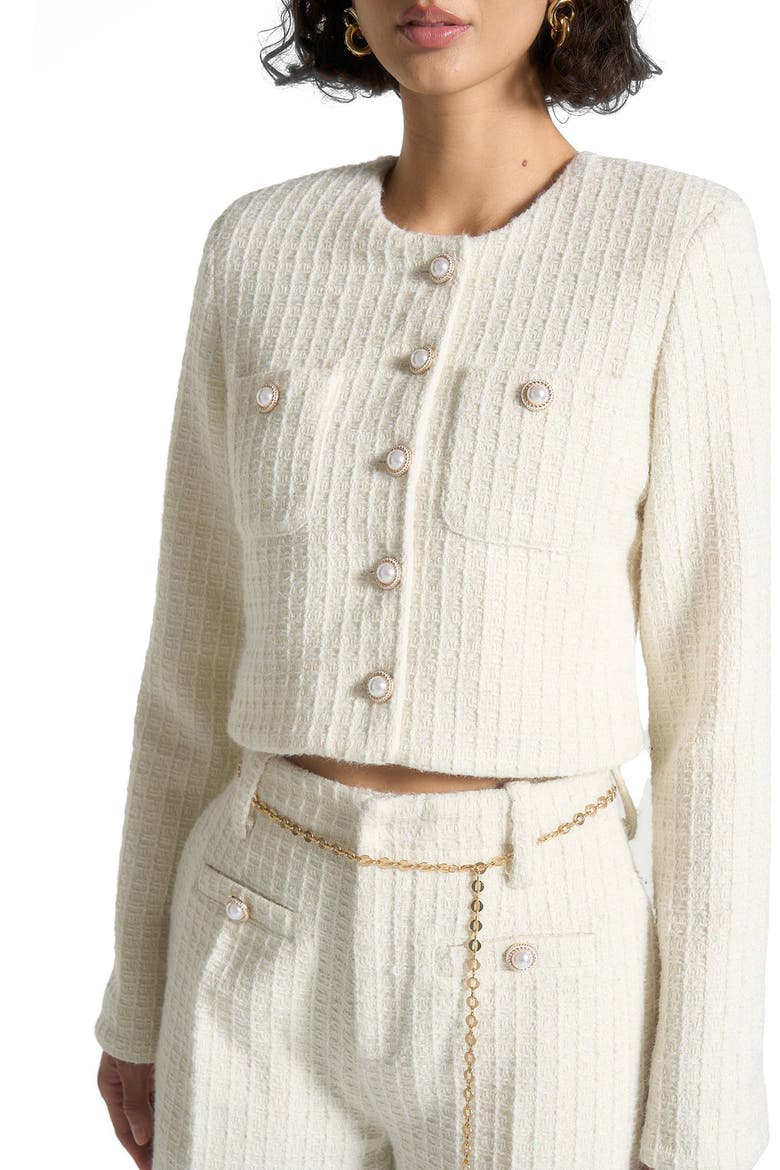 Celine Cropped Tweed Jacket with Pearls, Main, color, Cream