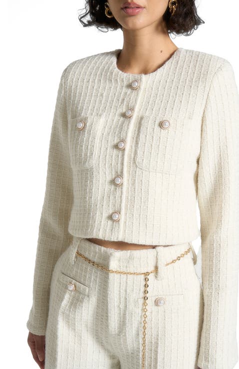 Celine Cropped Tweed Jacket with Pearls