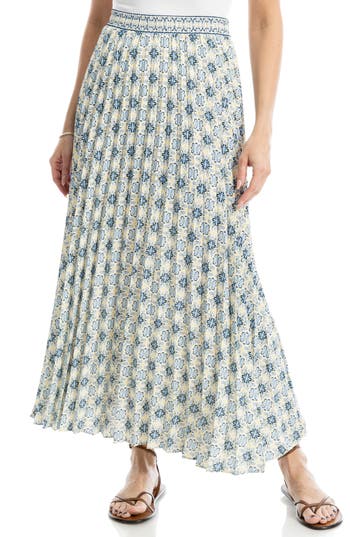 Max Studio Pleated Maxi Skirt In Cream Tile Blue Floral