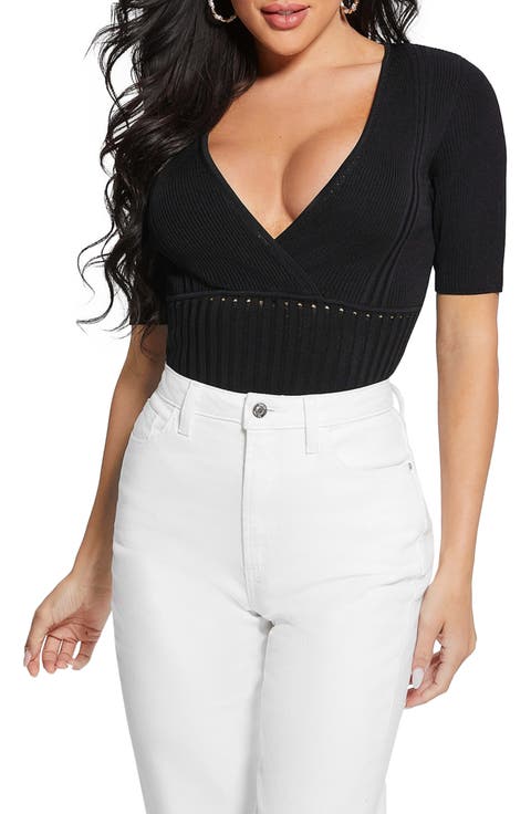Rib Short Sleeve Surplice Sweater