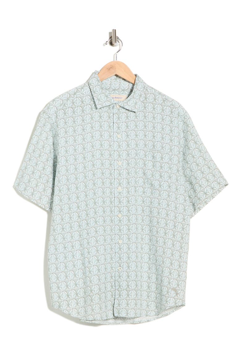 Wash of Watercolor Geo Print Short Sleeve Button-Up Shirt, Alternate, color, TEA LEAF