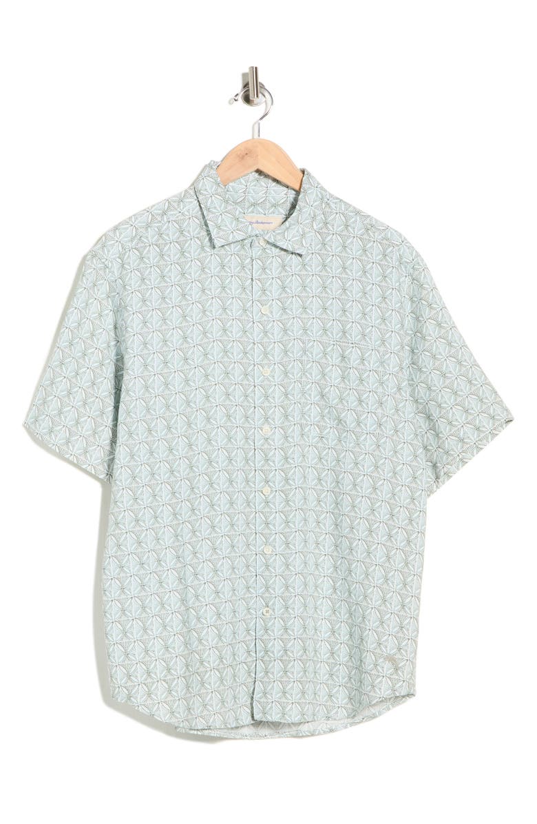 Tommy Bahama Wash of Watercolor Geo Print Short Sleeve Button-Up Shirt, Main, color, Tea Leaf