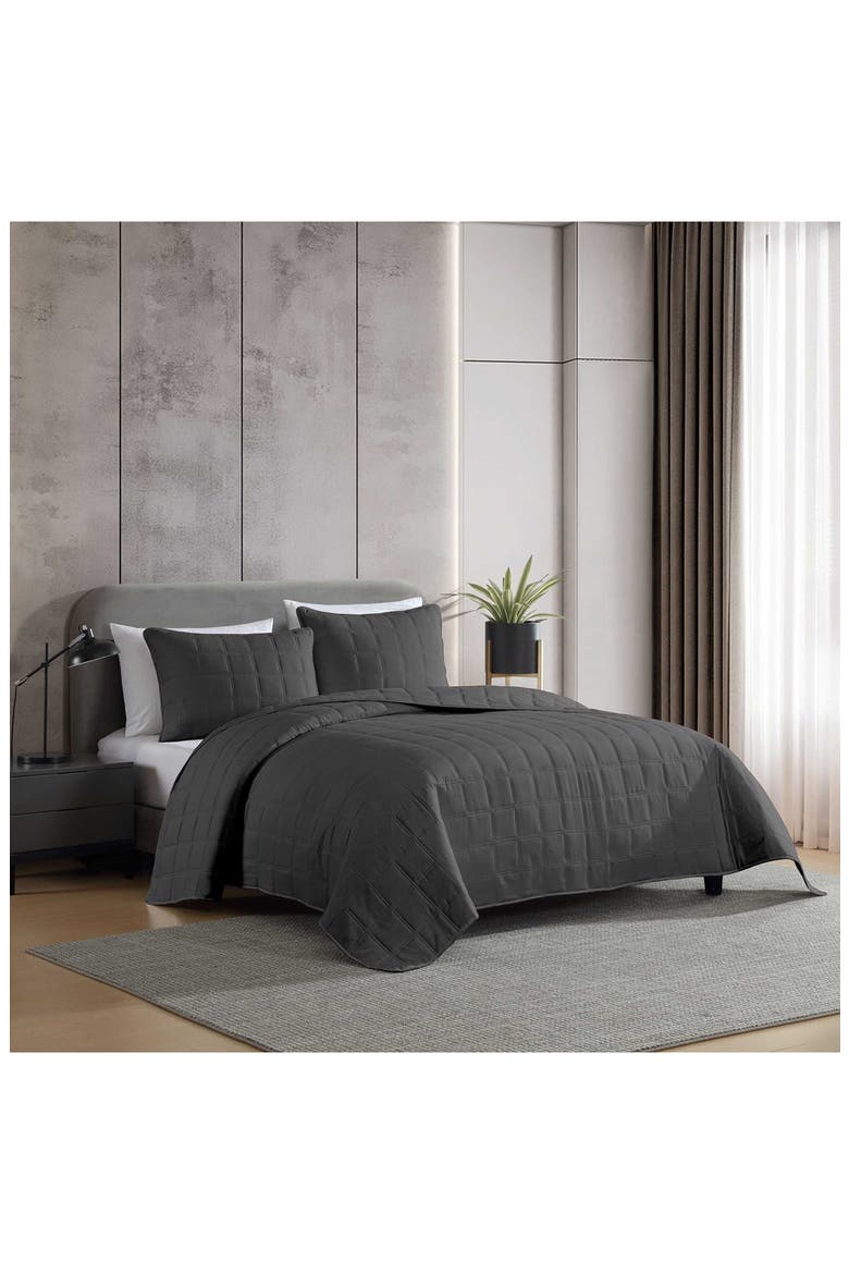 Stonewashed Solid Microfiber Quilt & Sham Set, Alternate, color, DARK GREY