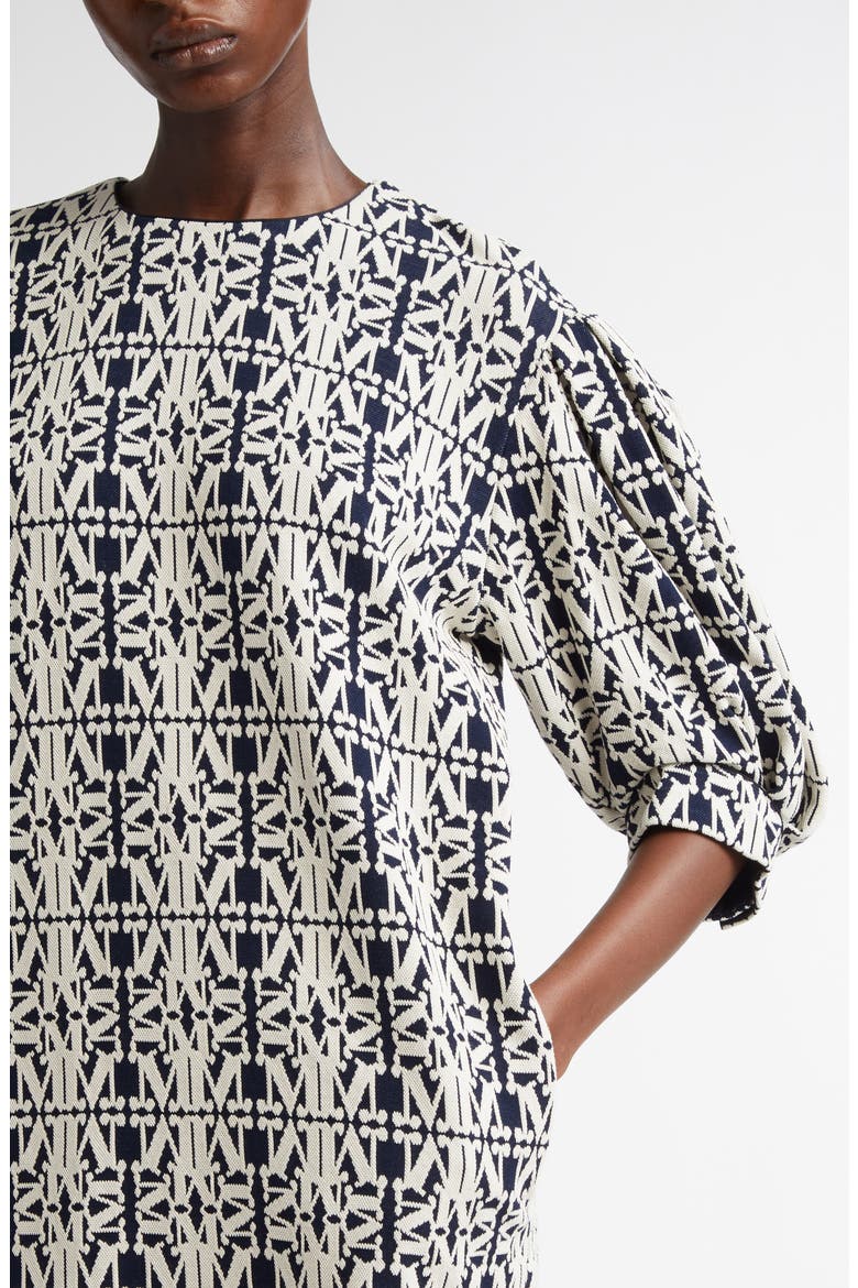 Gustavo Monogram Puff Sleeve Cotton Piqué Dress, Alternate, color, WHITE/ BLUE