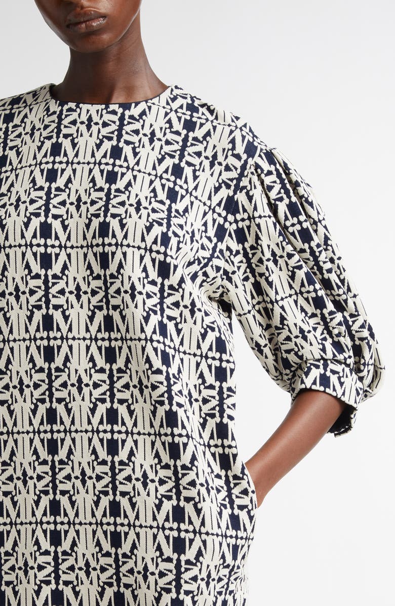Max Mara Gustavo Monogram Puff Sleeve Cotton Piqué Dress, Alternate, color, White/ Blue