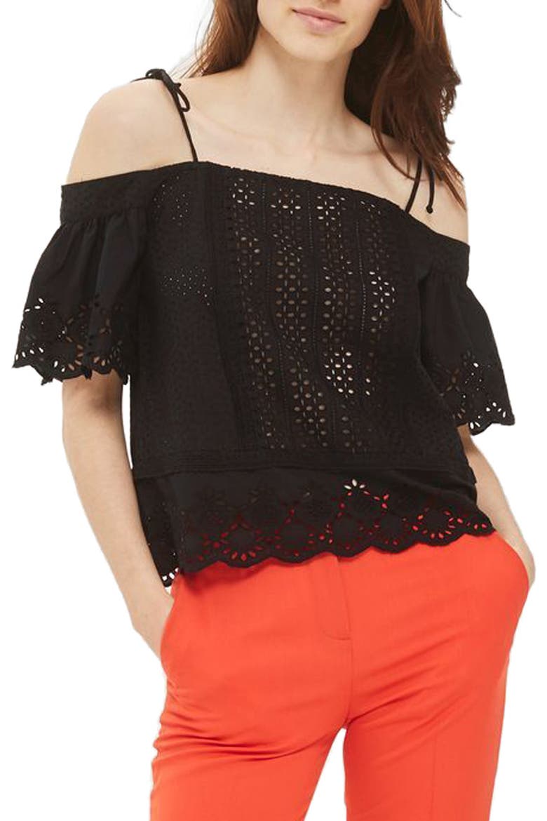 Broderie Bardot Top, Main, color, BLACK