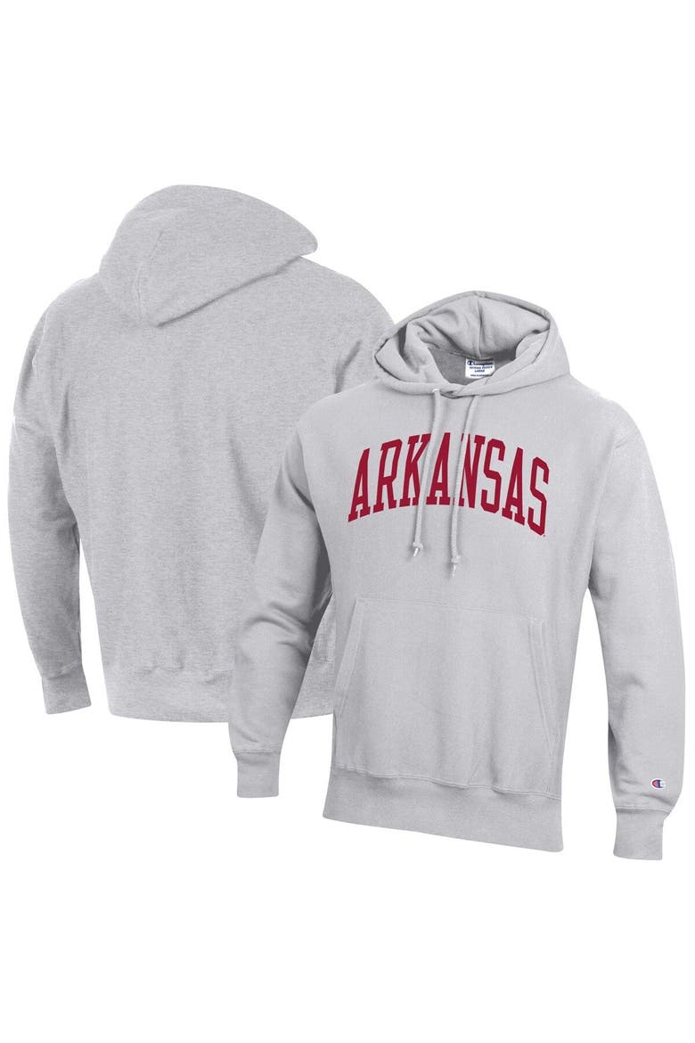 Men's Champion Heathered Gray Arkansas Razorbacks Team Arch Reverse Weave Pullover Hoodie, Main, color, Heather Gray
