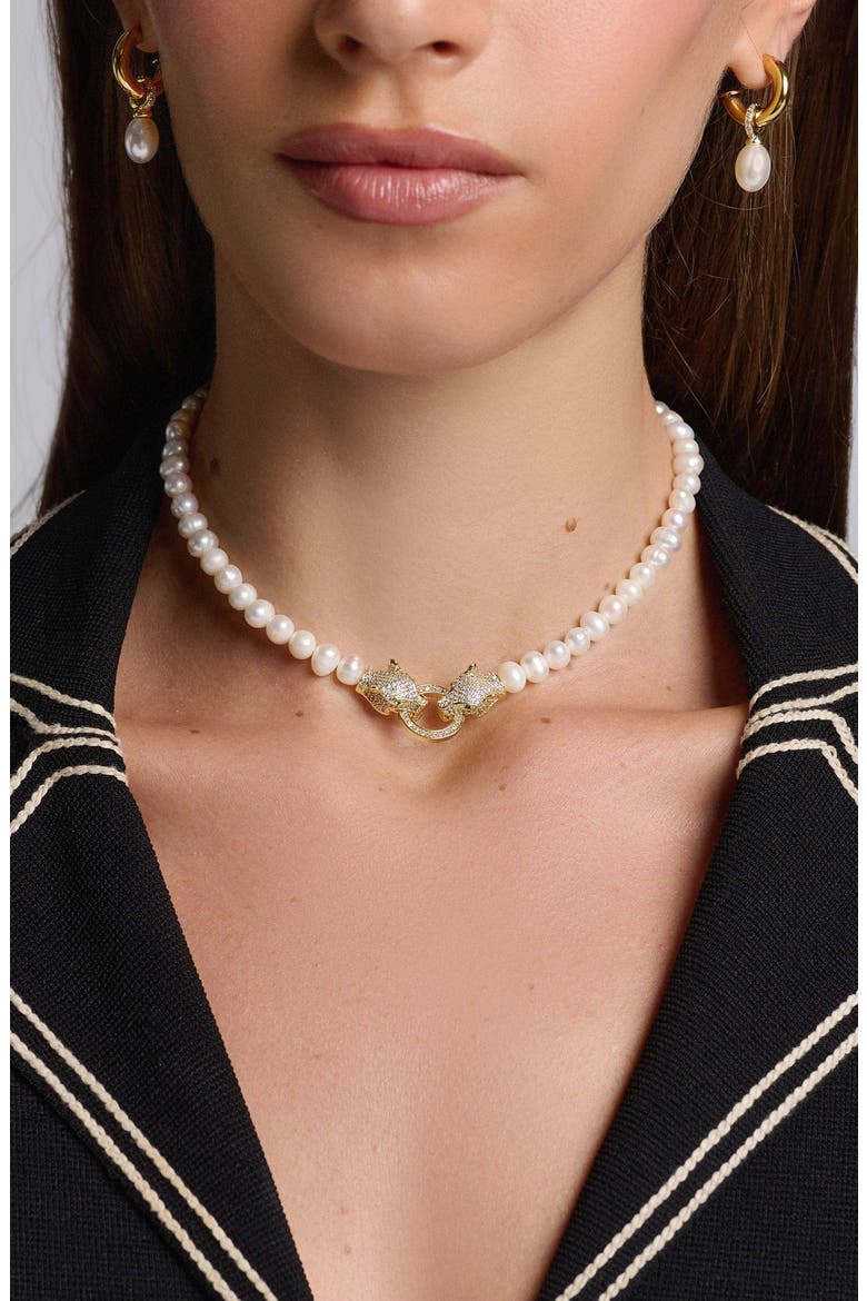 Double Panther Head Pearl Choker Necklace, Alternate, color, Gold