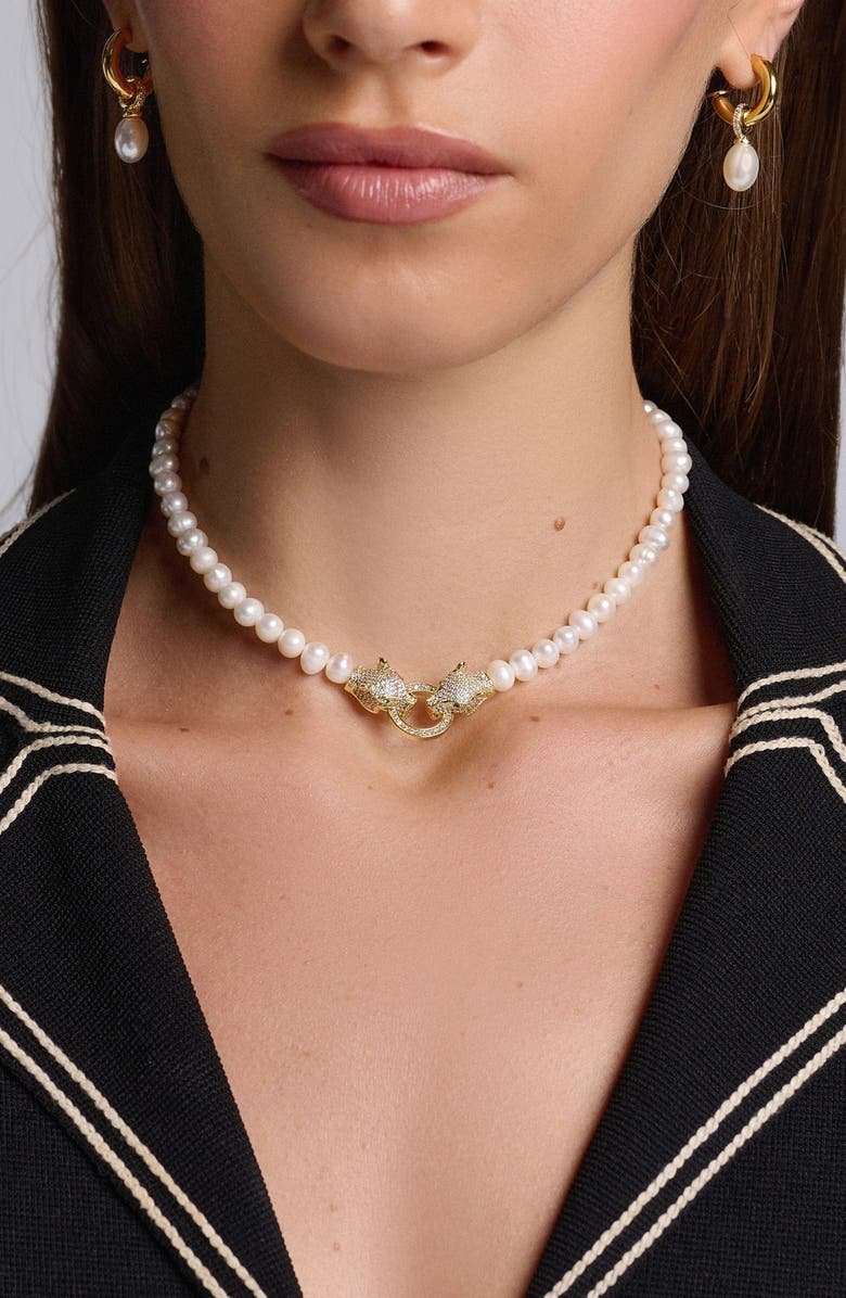 Nialaya Double Panther Head Pearl Choker Necklace, Alternate, color, Gold