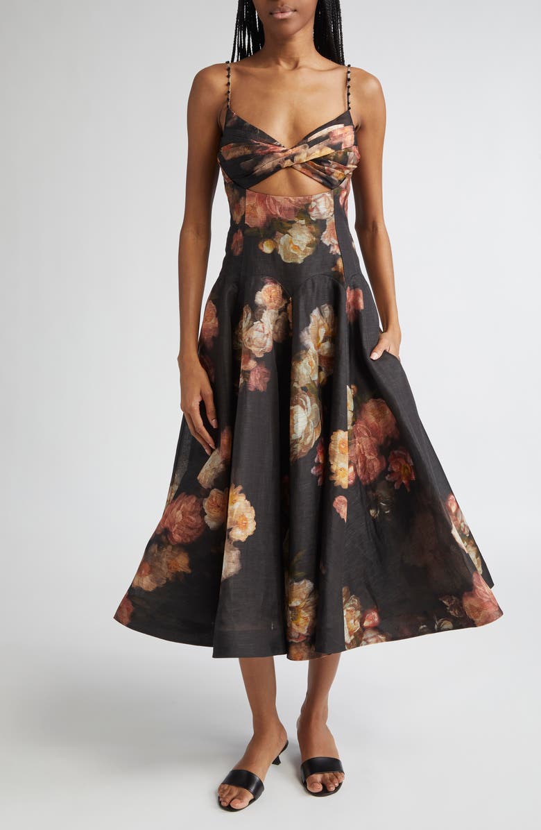 Zimmermann Hypnotic Floral Twist Front Cutout Organza Midi Dress, Main, color, Russet Floral
