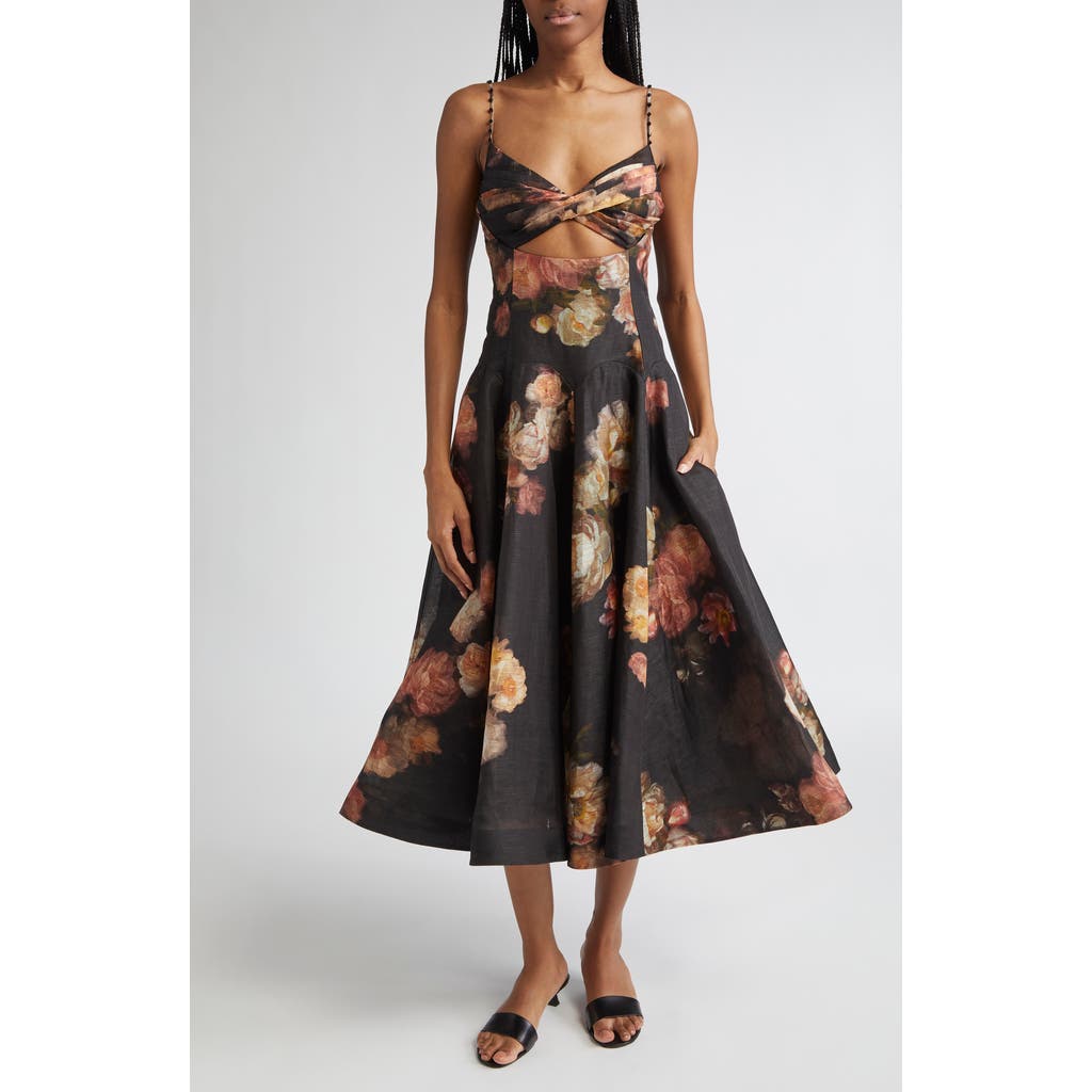 Zimmermann Hypnotic Embellished Belted Cutout Linen And Silk-blend Midi Dress In Black