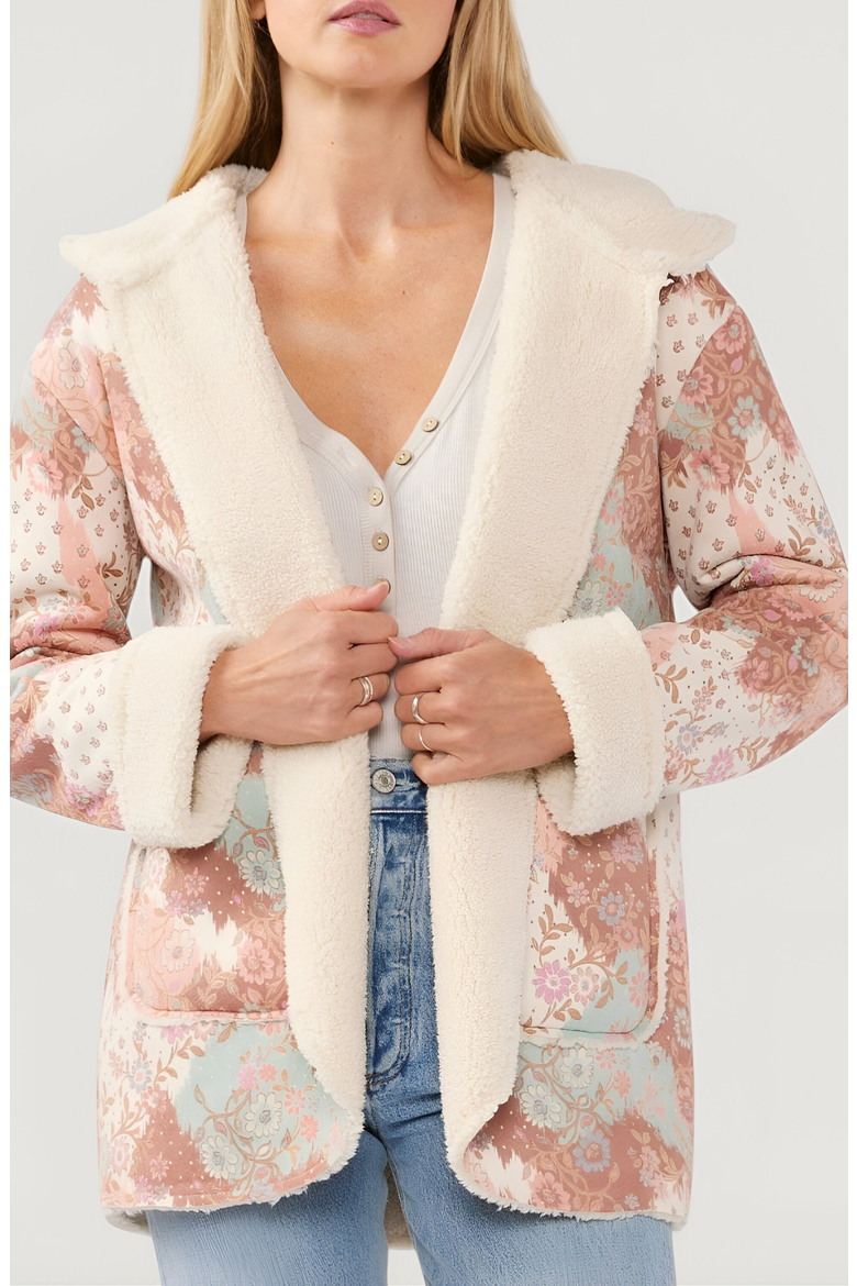 Floral Patchwork Plush Trim Oversized Hood Fleece Jacket, Alternate, color, Floral Patchwork