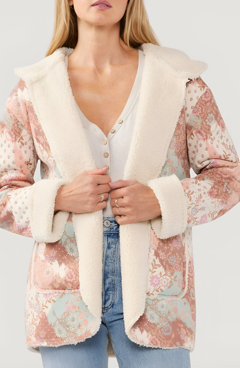 Modenaire Floral Patchwork Plush Trim Oversized Hood Fleece Jacket, Alternate, color, 