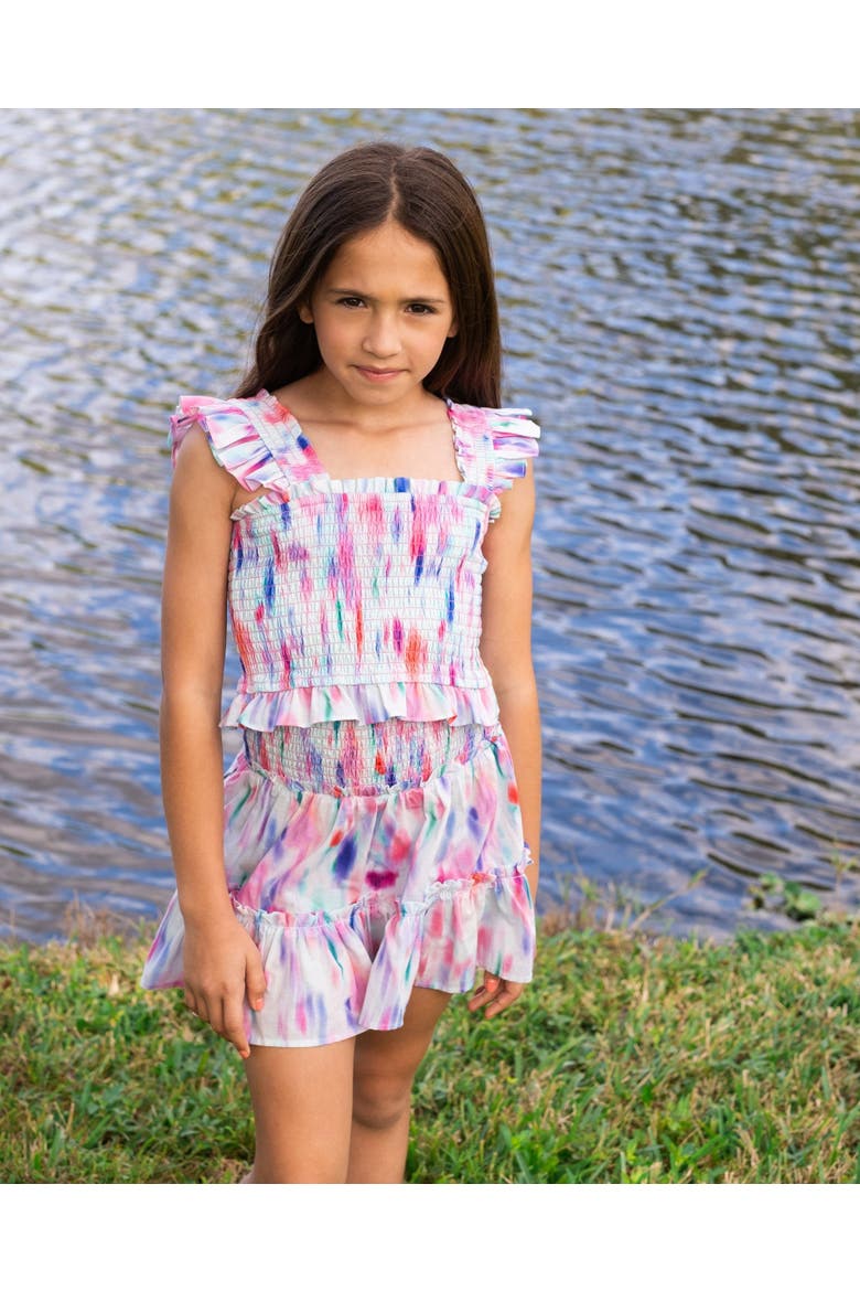 Kayla Smocked Bodice Top & Ruffle Skirt Set (Toddler, Little Kids, Big Kid)), Alternate, color, Hazy Ikat Seafoam