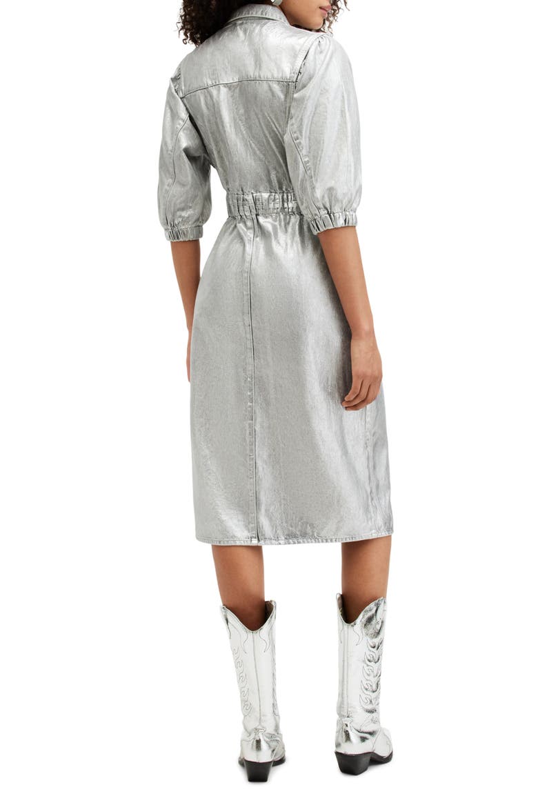 Osa Metallic Puff Sleeve Denim Shirtdress, Alternate, color, METALLIC SILVER
