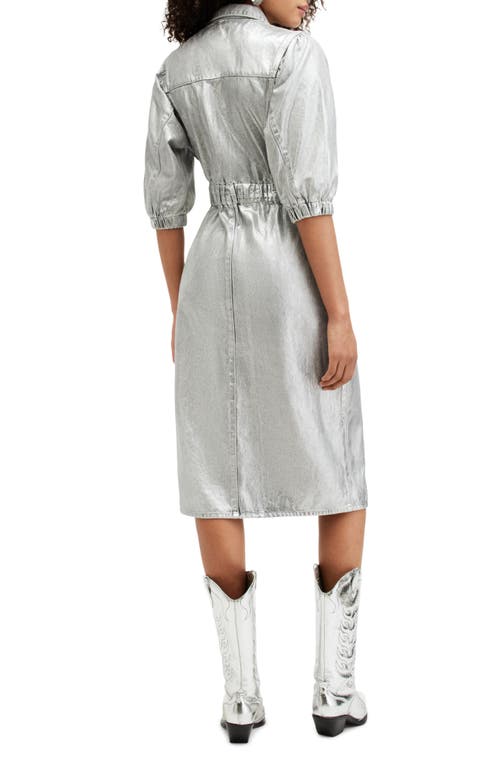 Allsaints Osa Metallic Coated Denim Midi Dress In Silver