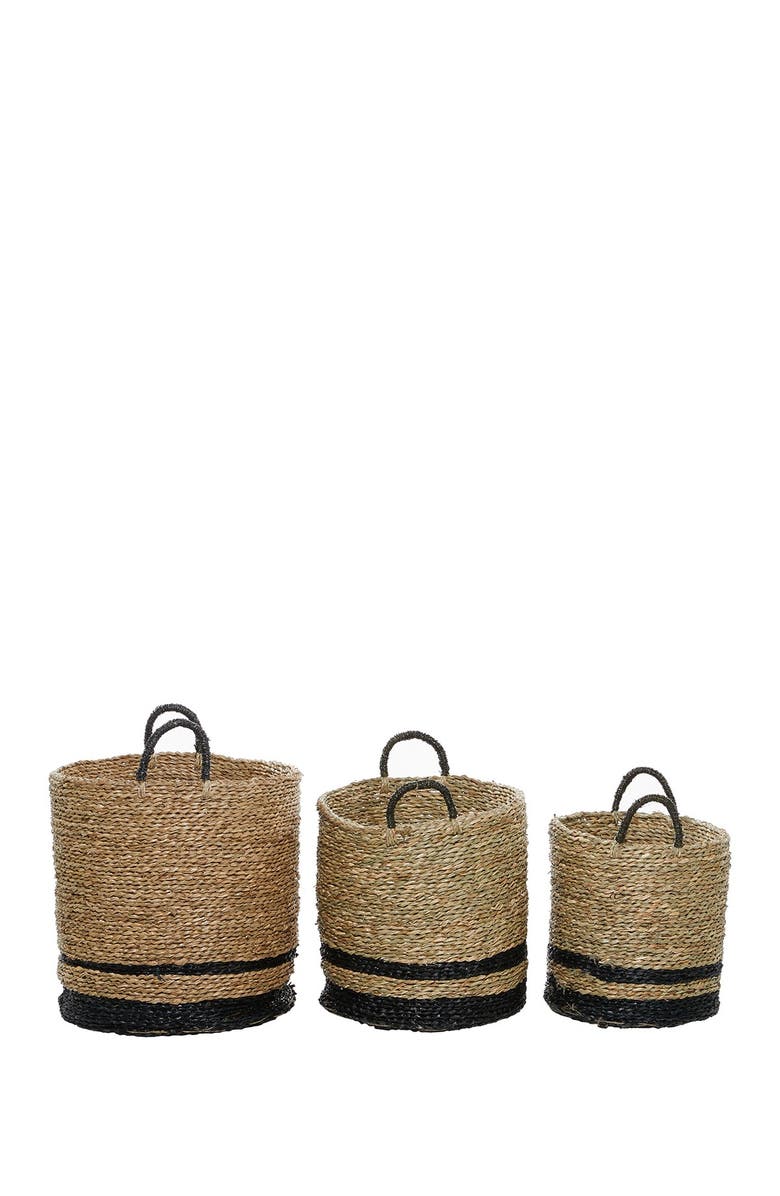 GINGER BIRCH STUDIO Black And Natural Woven Striped Round Seagrass Baskets With Handles - Set Of 3: 15" - 17" - 18", Alternate, color, 
