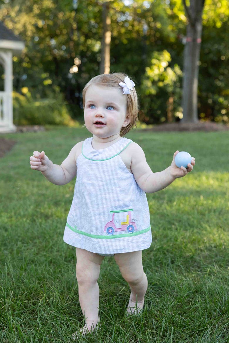 Check Seersucker Skirted Romper with Golf Cart, Alternate, color, Blue/White