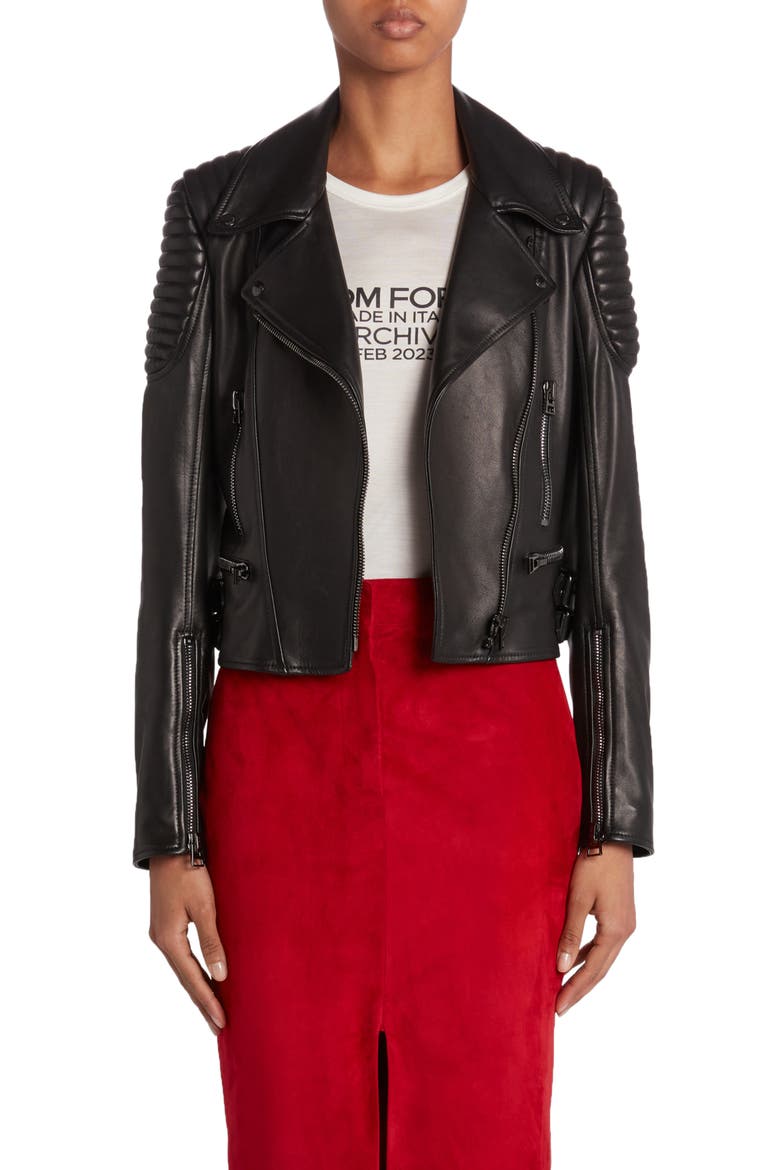 New Plongé Leather Biker Jacket, Main, color, BLACK