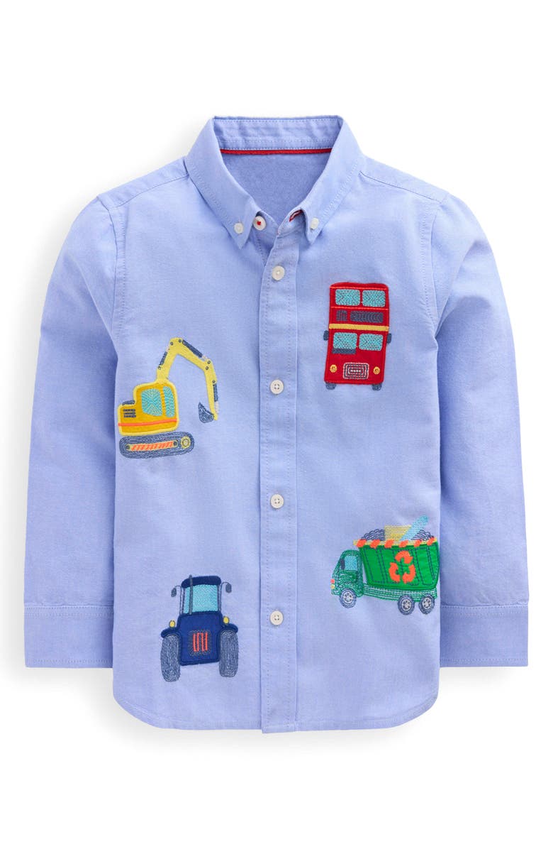 Mini Boden Kids' Vehicle Embroidered Cotton Graphic Button-Down Shirt, Main, color, Vehicles