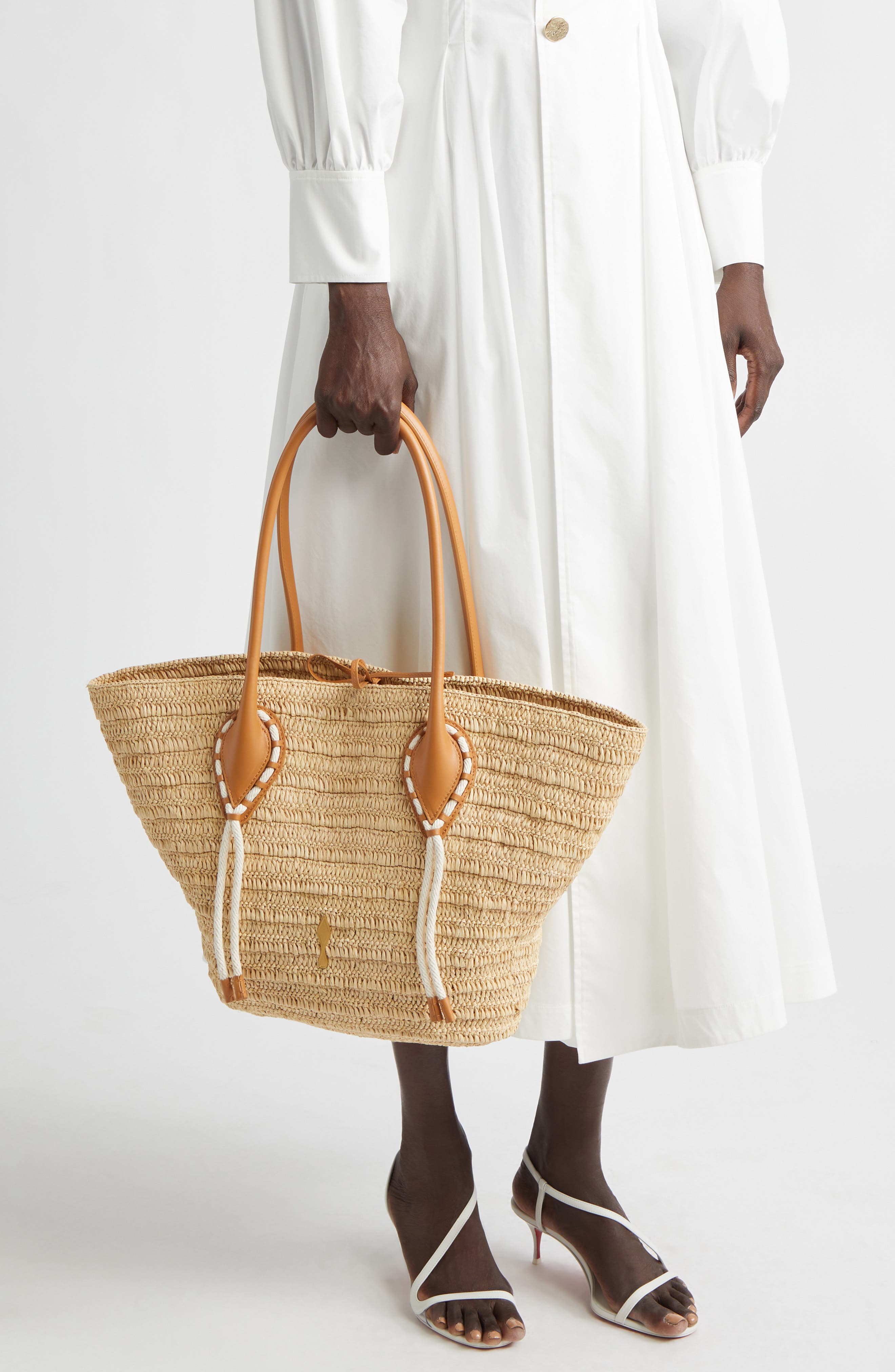 Large Woven Raffia Basket Tote, Alternate, color, 6370 NATURAL/ CUOIO