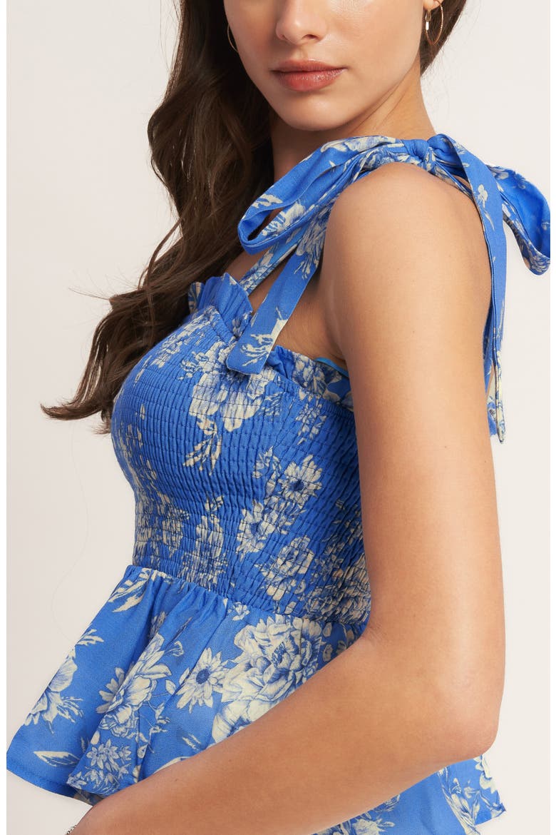 Floral Tie Strap Smocked Peplum Crop Top, Alternate, color, BLUE