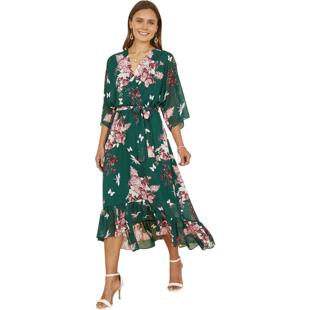 Yumi Floral Kimono Dipped Hem Dress In Green