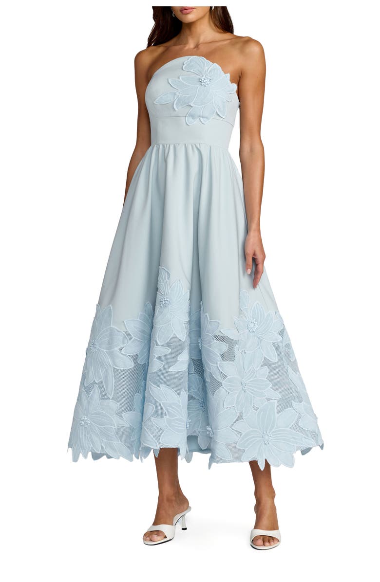 Mac Duggal Lace Strapless A Line Midi Dress With 3D Flowers, Main, color, Powder Blue