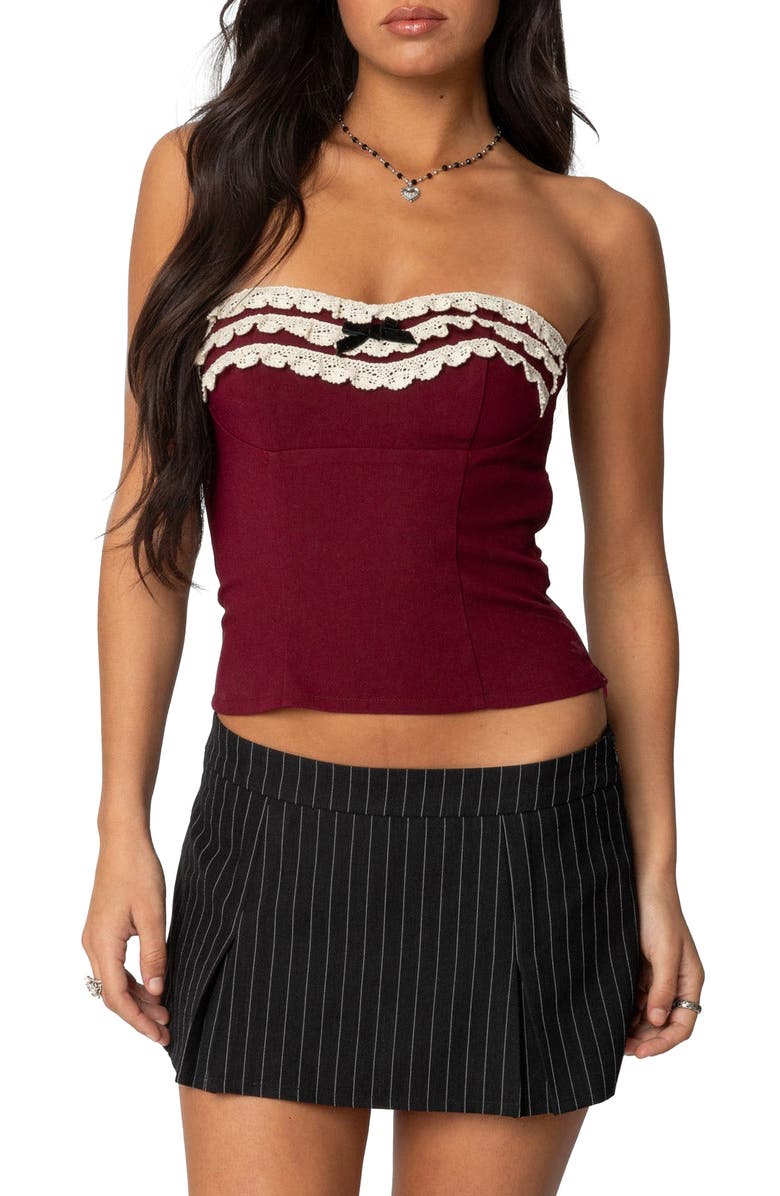 EDIKTED Ruffle Eyelet Tube Top, Main, color, Burgundy