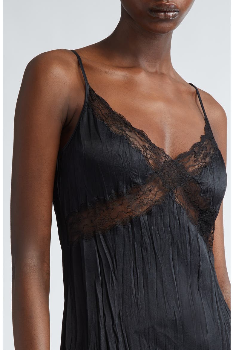 Crushed Satin Charmeuse & Lace Slipdress, Alternate, color, BLACK