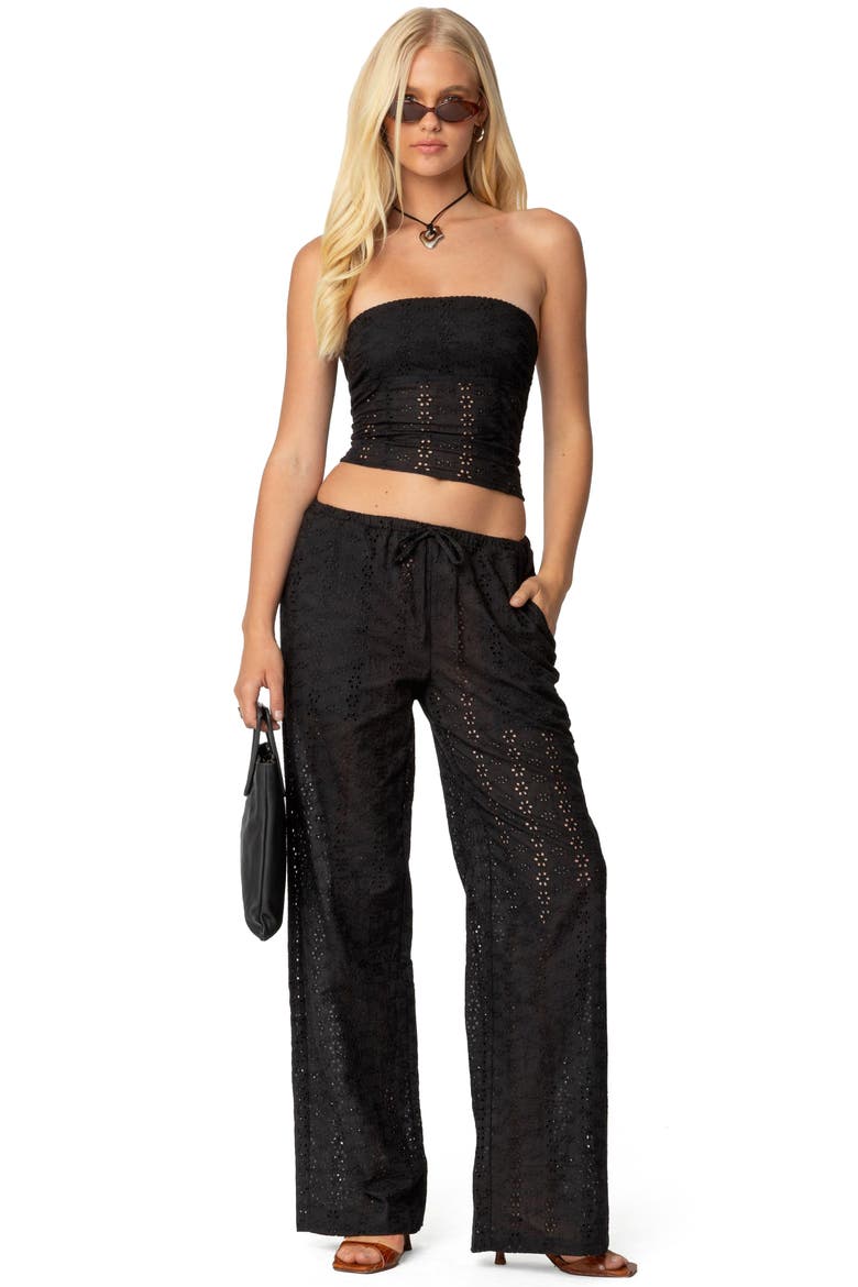 Lemon Eyelet Lace-Up Corset Crop Tube Top, Alternate, color, BLACK