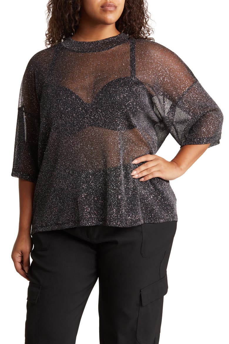 Curve Glitter Mesh T-Shirt, Main, color, BLACK