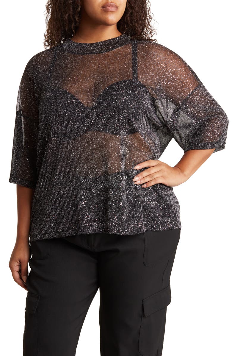 ASOS DESIGN Curve Glitter Mesh T-Shirt, Main, color, 