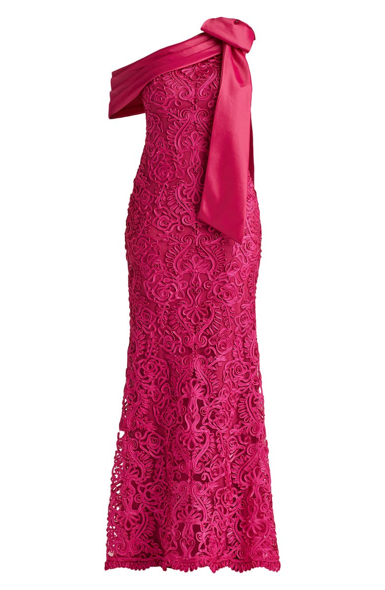 Tadashi Shoji Bow Detail Soutache Lace One-Shoulder Gown, Alternate, color, Hibiscus