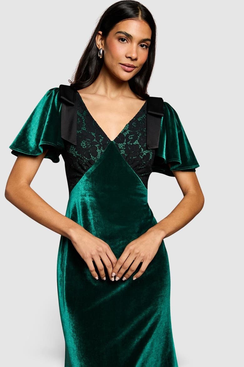 Velvet Lace Mix Short Sleeve Midi Dress, Alternate, color, Emerald