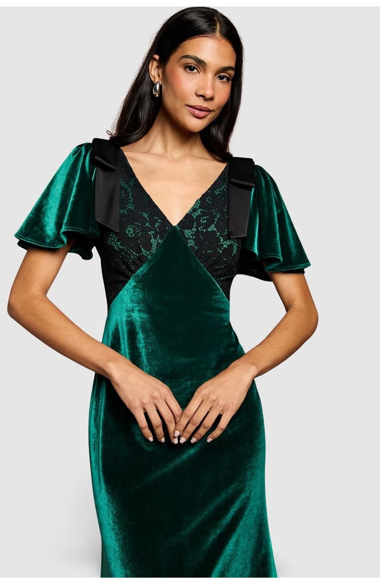 Coast Velvet Lace Mix Short Sleeve Midi Dress, Alternate, color, Emerald